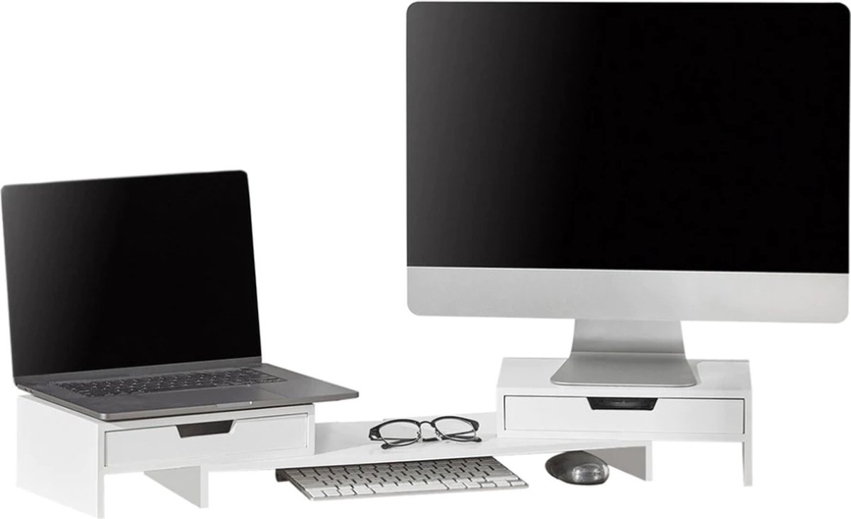 Mara Monitorstandaard - Monitorstandaarden - Laptop Beeldschermverhoger - Monitor Verhoger - 2 Laden - Verstelbaar - MDF - Wit - 22 x 68 x 14 cm