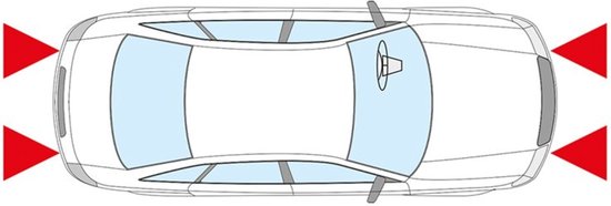Illustratie van een auto van bovenaf met rode sensoren aan de zijkanten.