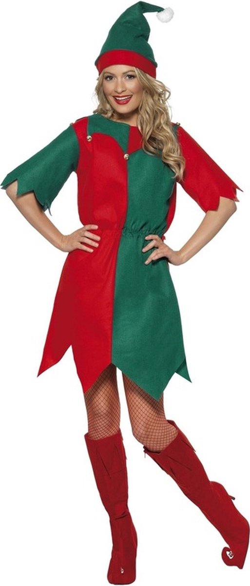 Smiffys Kerstelf kostuum - rood/groen - voor dames - polyester - kerst verkleedkleding - elfenjurkje 36/38
