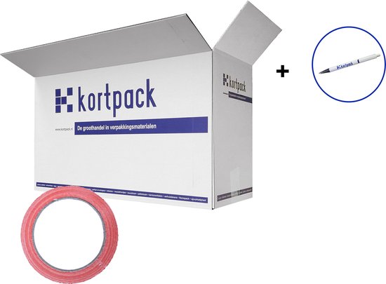 Kortpack verzenddoos met rode tape en een witte pen. De doos is bedrukt met het Kortpack logo en "De groothandel in verpakkingsmaterialen".