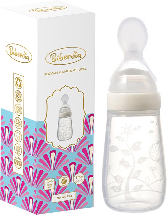  - Biberoia® Knijpfles met lepel – Drinkfles - Baby – Kinderbestek - Kraamcadeau – Babyshower – Wit