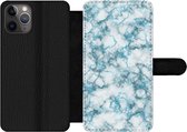 Bookcase Geschikt voor iPhone 11 Pro Max telefoonhoesje - Marmer print - Turquoise - Wit - Met vakjes - Wallet case met magneetsluiting