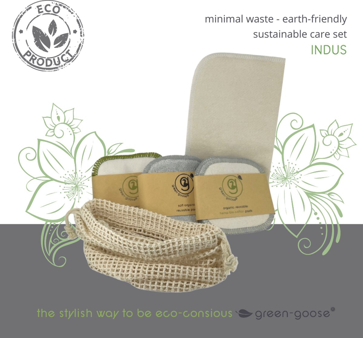 green-goose® Duurzaam Verzorgingspakket Indus | 5-delig | 15 Herbruikbare Wattenschijfjes | Hennepvezel Gezichtreinigingsdoek | Biokatoen | Hennepvezel