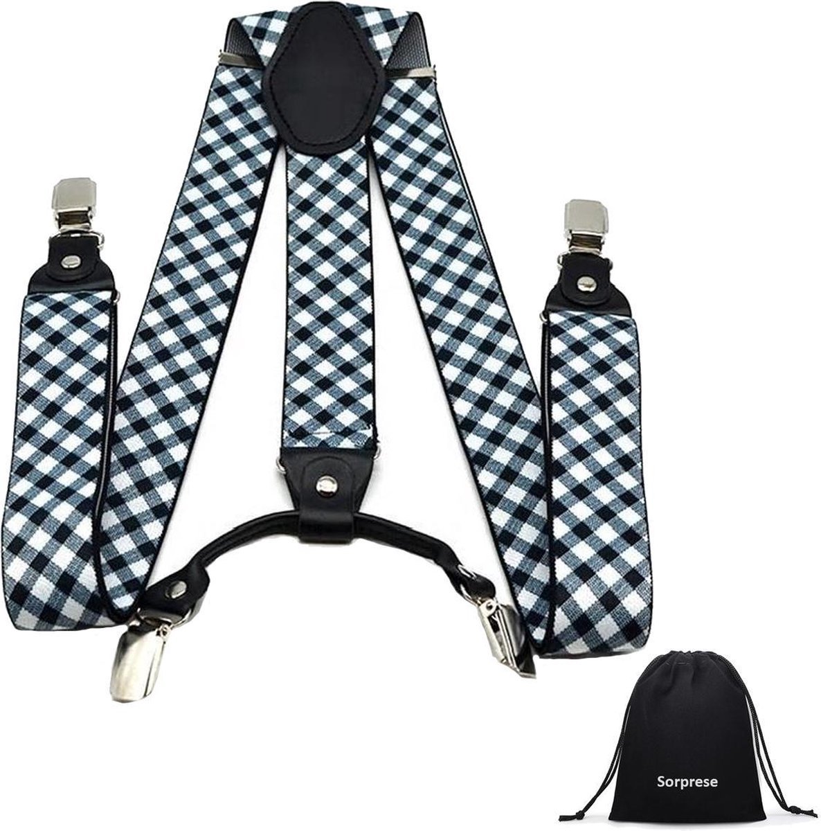 Sorprese - Luxe chique - heren bretels - 4 extra stevige clips - zwart wit geruit design met zwart leer - bretels