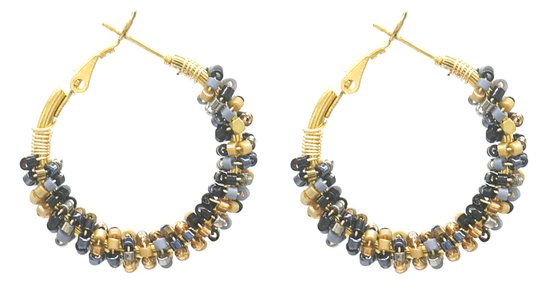 Boucles d'oreilles d'Oreilles - Perles de Verre - Boucles d'oreilles d'Oreilles Acier Inoxydable - 3,5 cm - Or et Zwart