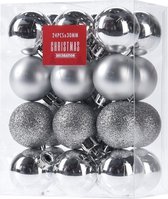 24x Boules de Noël en plastique argenté 3 cm - Brillant / mat / pailleté - Boules de Noël incassables en plastique - Décorations d'arbre de Noël argent