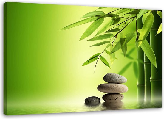 Trend24 - Canvas Schilderij - Zen-Stenen En Bamboe Op Een Groene Achtergrond - Schilderijen - Oosters - 100x70x2 cm - Groen
