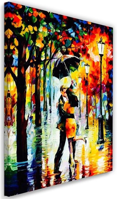 Trend24 - Canvas Schilderij - Paar Verliefd Onder Een Paraplu - Schilderijen - Abstract - Oranje
