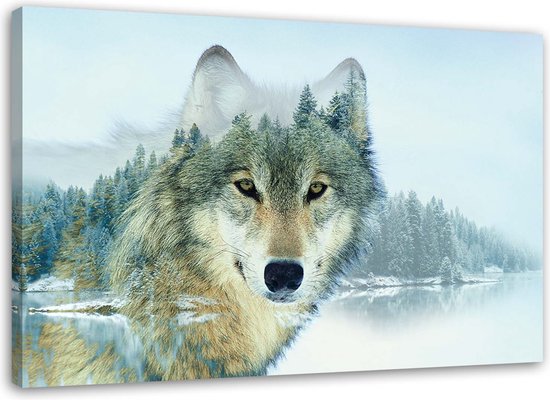 Trend24 - Canvas Schilderij - Wolf Op Een Bergachtergrond - Schilderijen - Dieren - 100x70x2 cm - Grijs