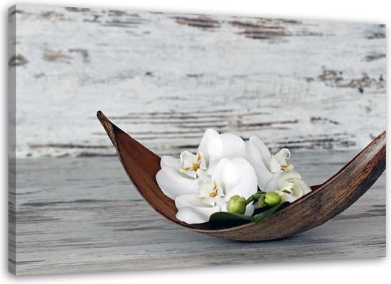 Trend24 - Canvas Schilderij - Witte Orchideeënbloemen - Schilderijen - Oosters - 120x80x2 cm - Grijs