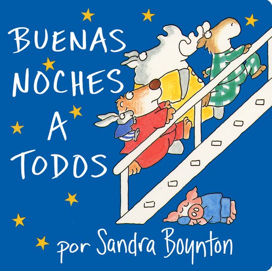 Boek kaft met dieren in pyjama op een trap, 'Buenas Noches A Todos' door Sandra Boynton.