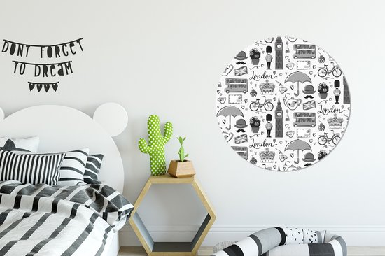 WallCircle - Cercle mural - Cercle mural intérieur - Motif d'illustrations de la ville de Londres - noir et blanc - 90x90 cm - Décoration murale - Peintures ronds