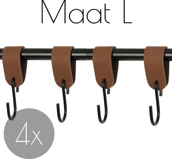 4x Leren S-haak hangers - Handles and more® | LICHTBRUIN - maat L (Leren S-haken - S haken - handdoekkaakje - kapstokhaak - ophanghaken)