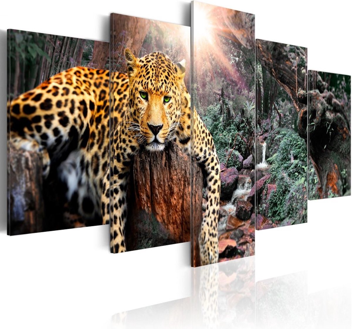 Schilderij - Luipaard, 5 luik, print op echt Italiaans canvas, dieren, natuur, in 2 maten, wanddecoratie