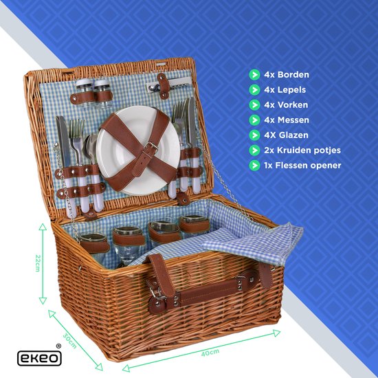 Picknickmand 28 delig - inc. servies en bestek - Picknickset voor 4 pers.  Blauw | bol.com