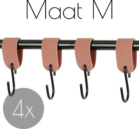 4x Leren S-haak hangers  - Handles and more® | SUEDE OLD PINK - maat M (Leren S-haken - S haken - handdoekkaakje - kapstokhaak - ophanghaken)