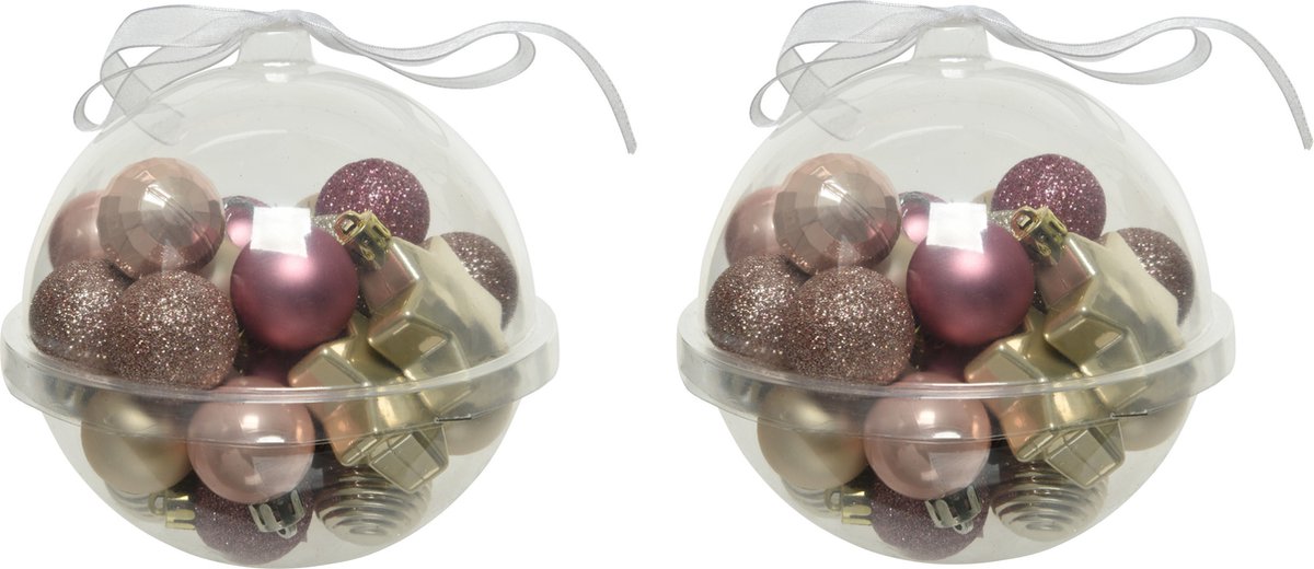 60x stuks kleine kunststof kerstballen roze/champagne 3 cm - glans/mat/glitter - Kerstboomversiering