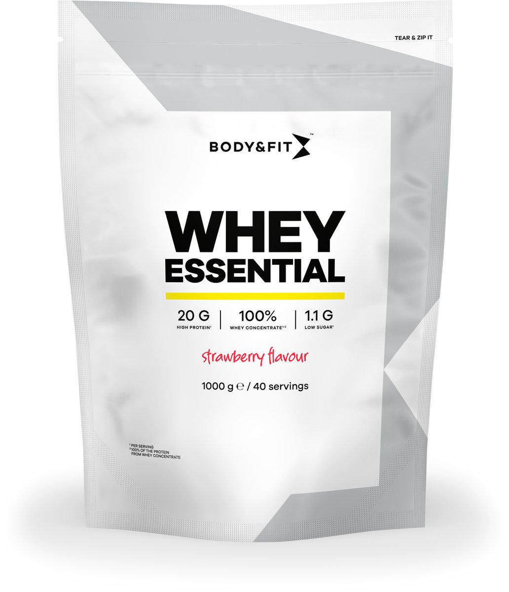 Goedkoopste Body & Fit Whey Essential - Eiwitpoeder - Proteine Poeder - 100 Whey Eiwitconcentraat - Whey Protein - Eiwitshakes - Aardbei - 1000 gram (40 shakes