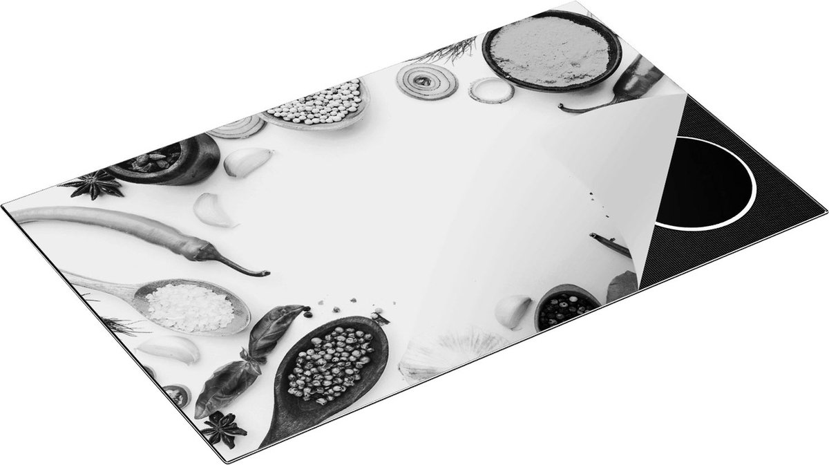 Chefcare Inductie Beschermer Kruiden op een Witte Tafel - Zwart Wit - 85x55 cm - Afdekplaat Inductie - Kookplaat Beschermer - Inductie Mat