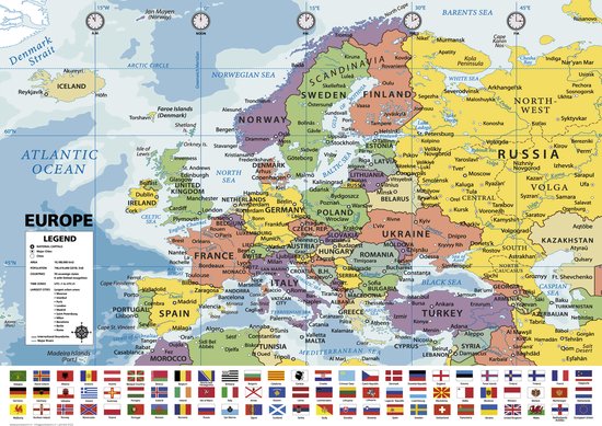 Europa kaart poster - topografie - 70 x 100cm - vlaggen - school - drukgang 2022