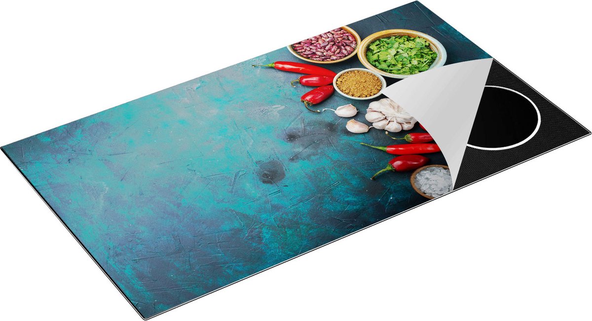 Chefcare Inductie Beschermer Kruiden met Groentes op Groene Marmer - 95x50 cm - Afdekplaat Inductie - Kookplaat Beschermer - Inductie Mat