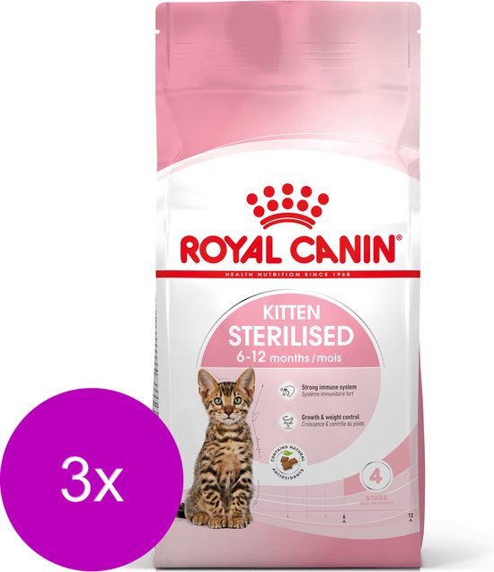 Roze zak kattenvoer met Royal Canin logo, een kitten en tekst 'Kitten Sterilised 6-12 months'. 3x verpakking.
