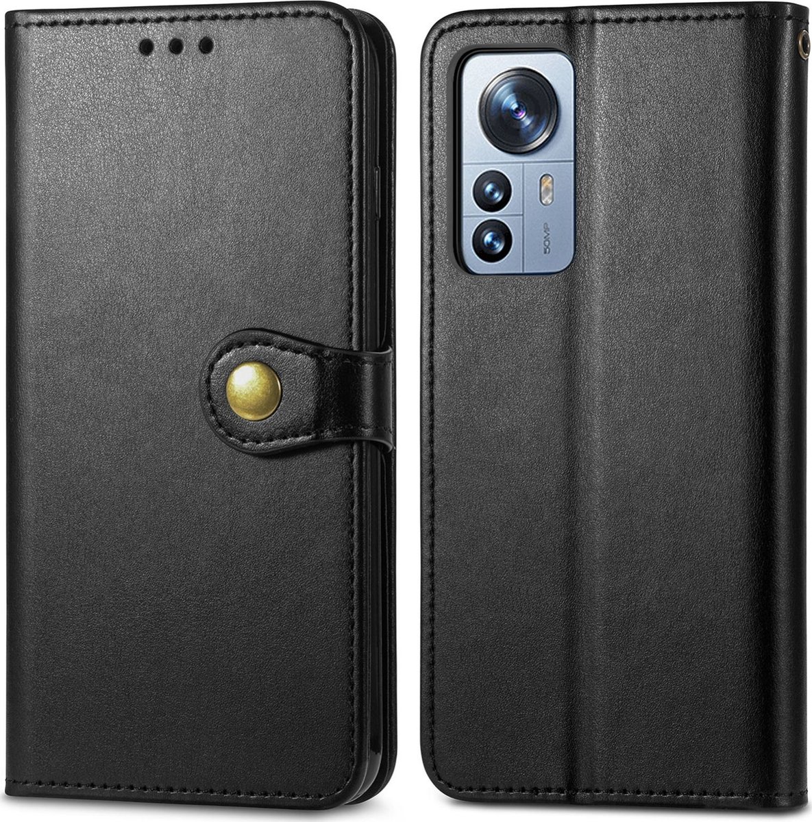 Mobigear Telefoonhoesje geschikt voor Xiaomi 12 Pro Hoesje | Mobigear Snap Button Bookcase Portemonnee | Pasjeshouder voor 3 Pasjes | Telefoonhoesje voor Pinpas / OV Kaart / Rijbewijs - Zwart