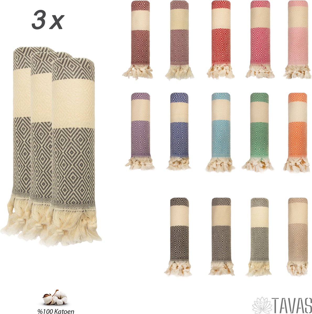 Tavas Set van 3 Mini Hamamdoek - Handdoek 100% Katoen Spa- Saunadoek Strandlaken 50x90 cm Grijs