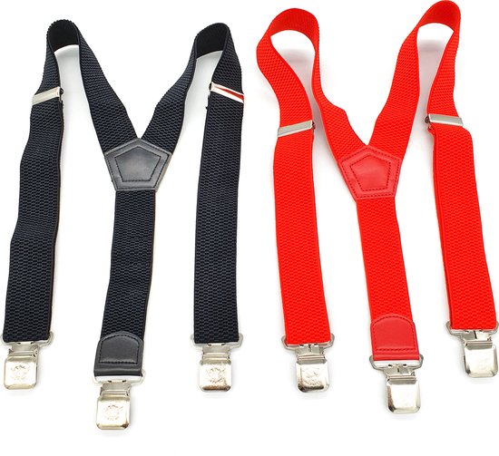 bretels heren - Bretels - bretels heren volwassenen - bretellen voor mannen - 3 clips - bretels heren met brede clip 2 Stuks - 1 x Zwart, 1 x Rood