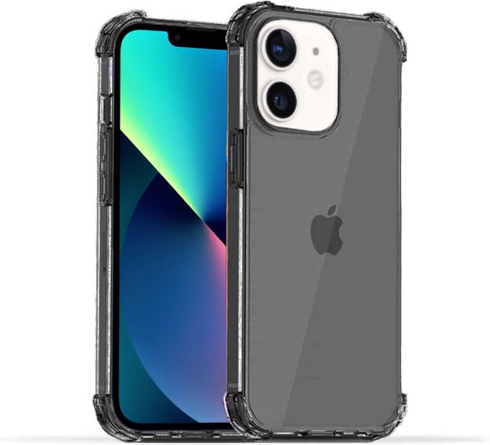 iPhone 12 Mini met een doorzichtig zwart telefoonhoesje, gedraaid.