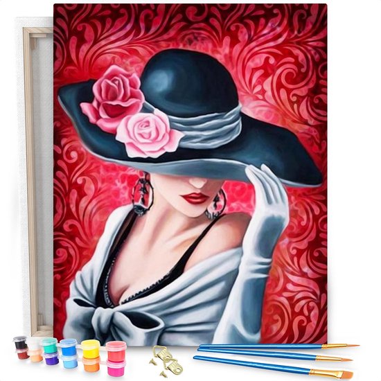 Femme au chapeau - Peinture par numéro 50x40cm avec cadre en bois | bol.com