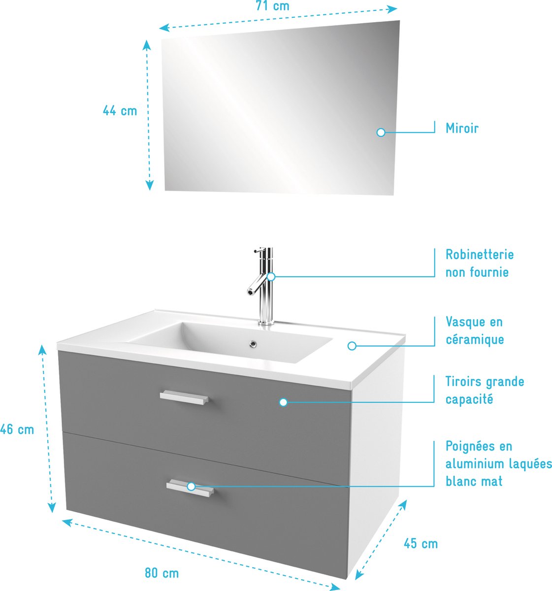 Meuble salle de bain 80 cm monte suspendu decor bois H46xL80xP45cm