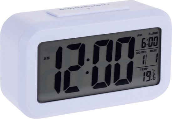 Witte digitale wekker met grote cijfers die 12:00 uur en 19,6 graden Celsius tonen.