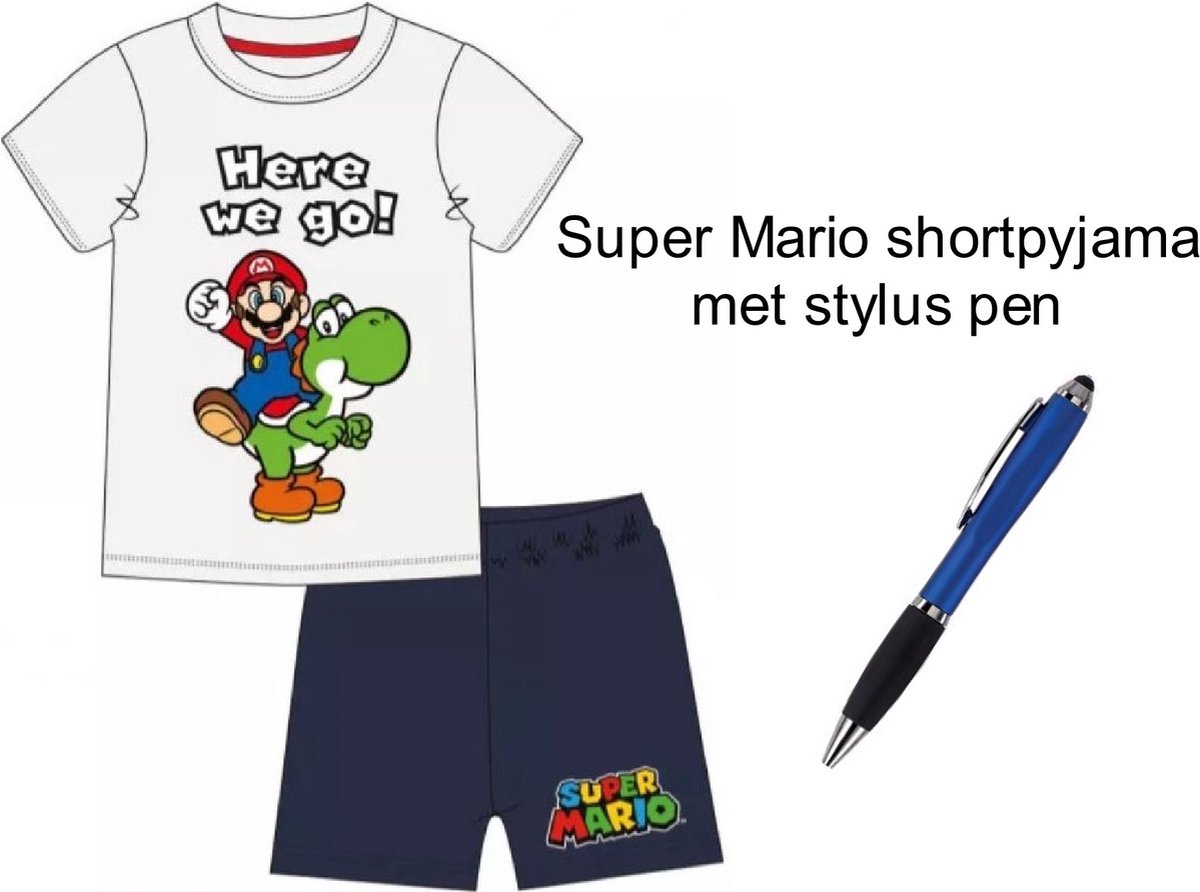 Super Mario Bross Short Pyjama - Wit/blauw - 100% Katoen. Maat 128 cm / 8 jaar + EXTRA 1 Stylus Pen.