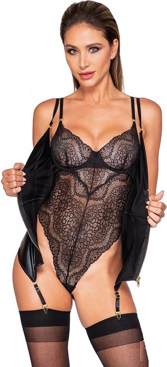 Double Layer Teddy/Garter Slip - Black - S