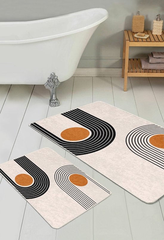 Tapis de bain antidérapant ensemble 2 pièces - Badmat & 50x60 - Tapis de toilette - Tapis de toilette - Motif géométrique - Paillasson - De Groen Home