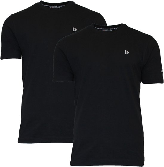 Twee zwarte Donnay t-shirts met kleine zilveren logo's op de borst.