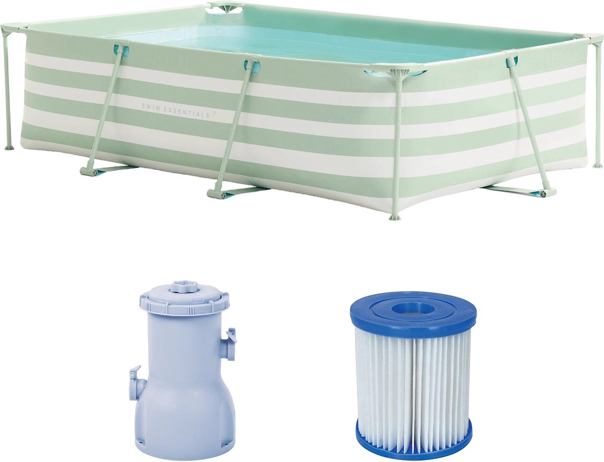 Swim Essentials - Frame zwembad - Zwembaden - Rechthoekig - 300 x 200 x 75 cm - Gestreept - Filterpomp 3407 liter/uur - Filtercartridge - PVC - Polyester - groen - wit - Set - 3-delig