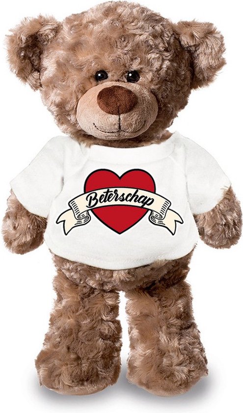 Beterschap pluche teddybeer knuffel 24 cm met wit t-shirt - beterschap / cadeau knuffelbeer