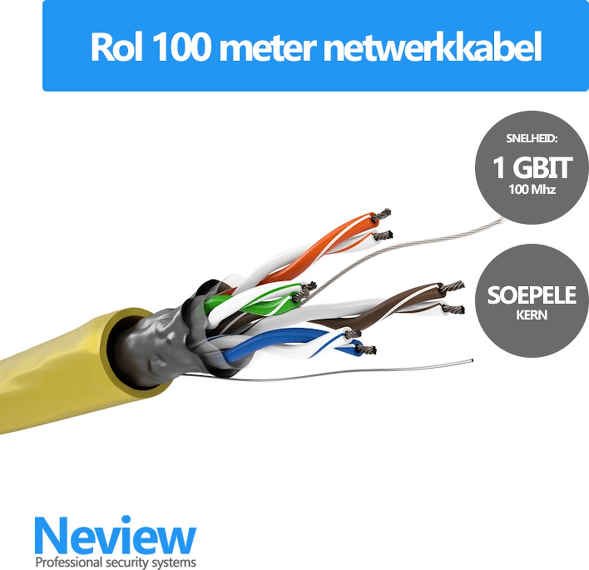 Rol 100 meter F/UTP netwerkkabel - Geel - Soepel - Zonder stekkers - Folie afscherming