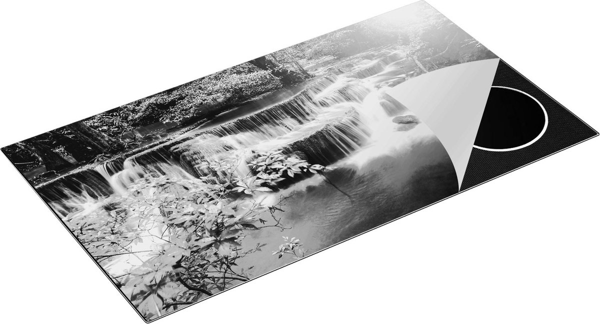 Chefcare Inductie Beschermer Waterval in de Herfst met Kleurrijke Bloemen - Zwart Wit - 95x55 cm - Afdekplaat Inductie - Kookplaat Beschermer - Inductie Mat