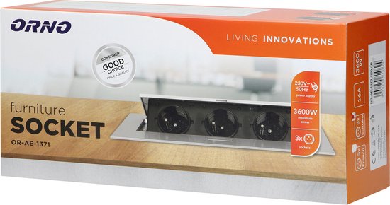 Doos met "ORNO" logo, "LIVING INNOVATIONS" en "furniture SOCKET" tekst. Drie stopcontacten zichtbaar.