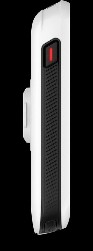Zijaanzicht van Garmin Edge Explore 2 fietscomputer, wit met zwarte zijkant en rode knop.