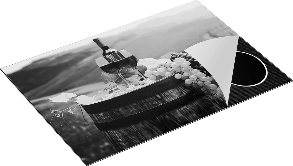 Chefcare Inductie Beschermer Wijn met Druiven op een Vat in Toscane - Zwart Wit - 76x51,5 cm - Afdekplaat Inductie - Kookplaat Beschermer - Inductie Mat
