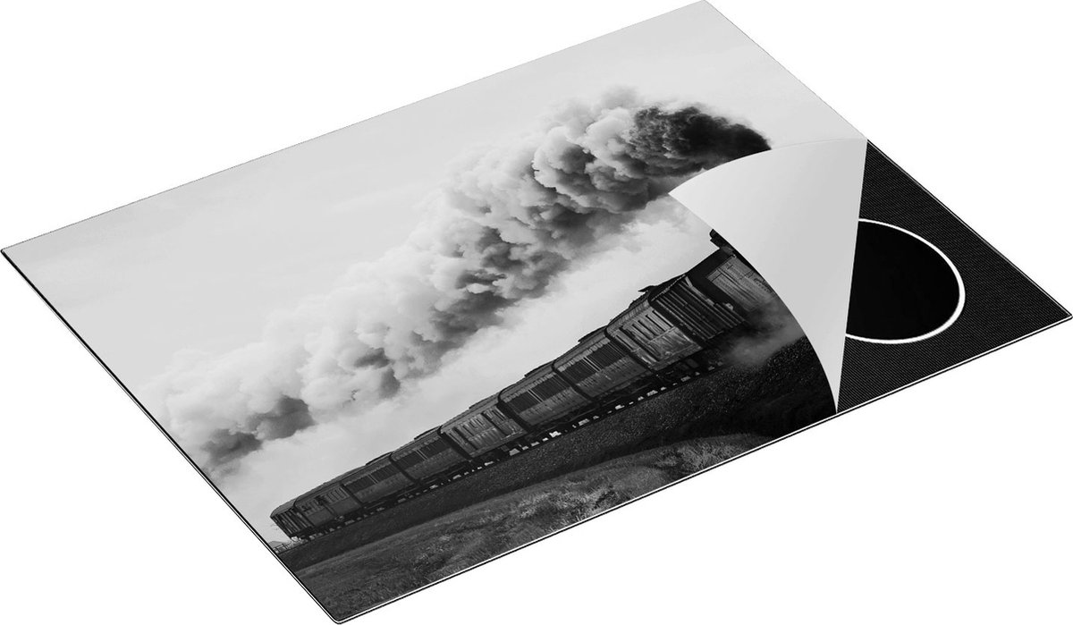 Chefcare Inductie Beschermer Locomotief Trein met Rook Wolken - Zwart Wit - 70x55 cm - Afdekplaat Inductie - Kookplaat Beschermer - Inductie Mat
