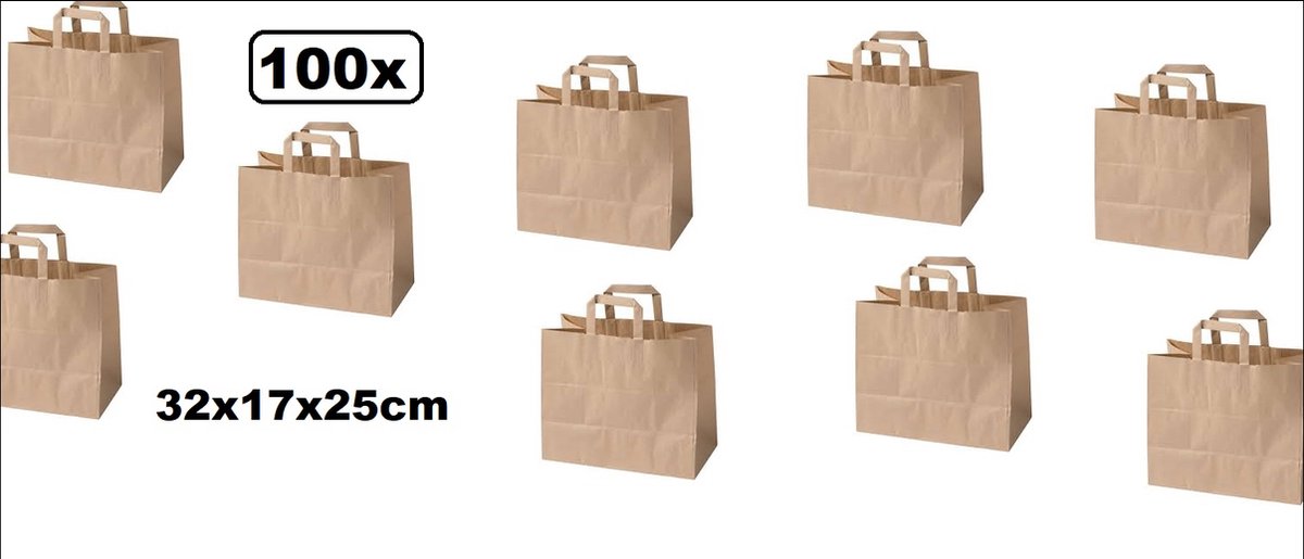 100x Tas papieren draagtas bruin kraftpapier 32x17x25cm - tas papier kraft bruin