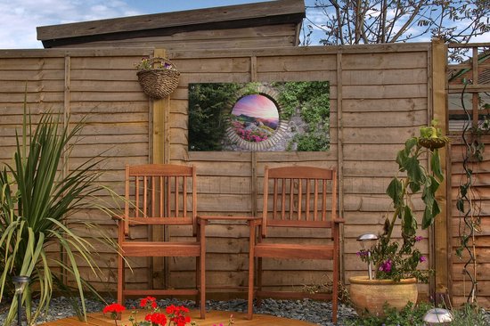 Affiche de jardin - Vue - Montagnes - Pierres - Coucher de soleil - Fleurs - 60x30 cm - Décoration de clôture - Peinture de jardin - Toile de jardin