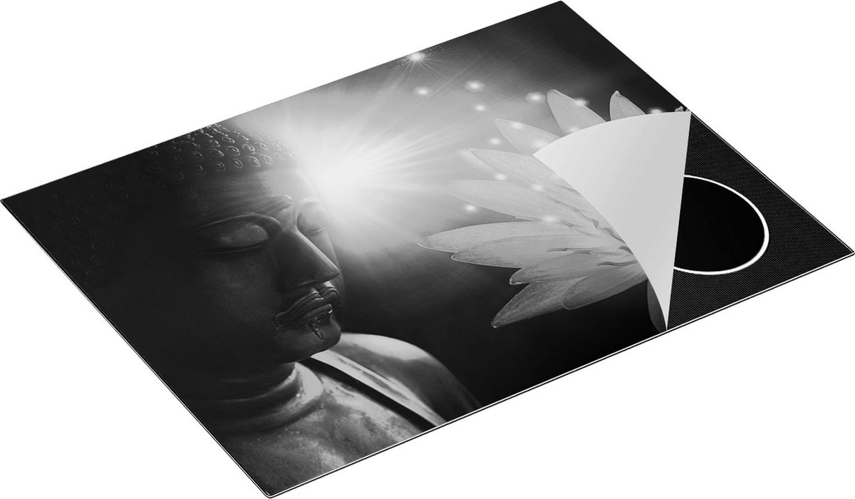 Chefcare Inductie Beschermer Boeddha Beeld met Bloem - Zwart Wit - 70x50 cm - Afdekplaat Inductie - Kookplaat Beschermer - Inductie Mat