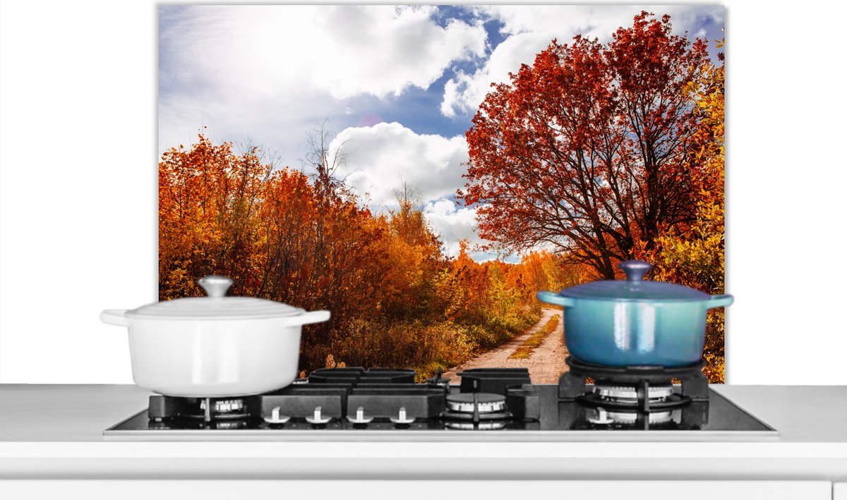 KitchenYeah - Spatscherm - Boom - Herfst - Rood - Lucht - 90x60 cm - Muurbeschermer