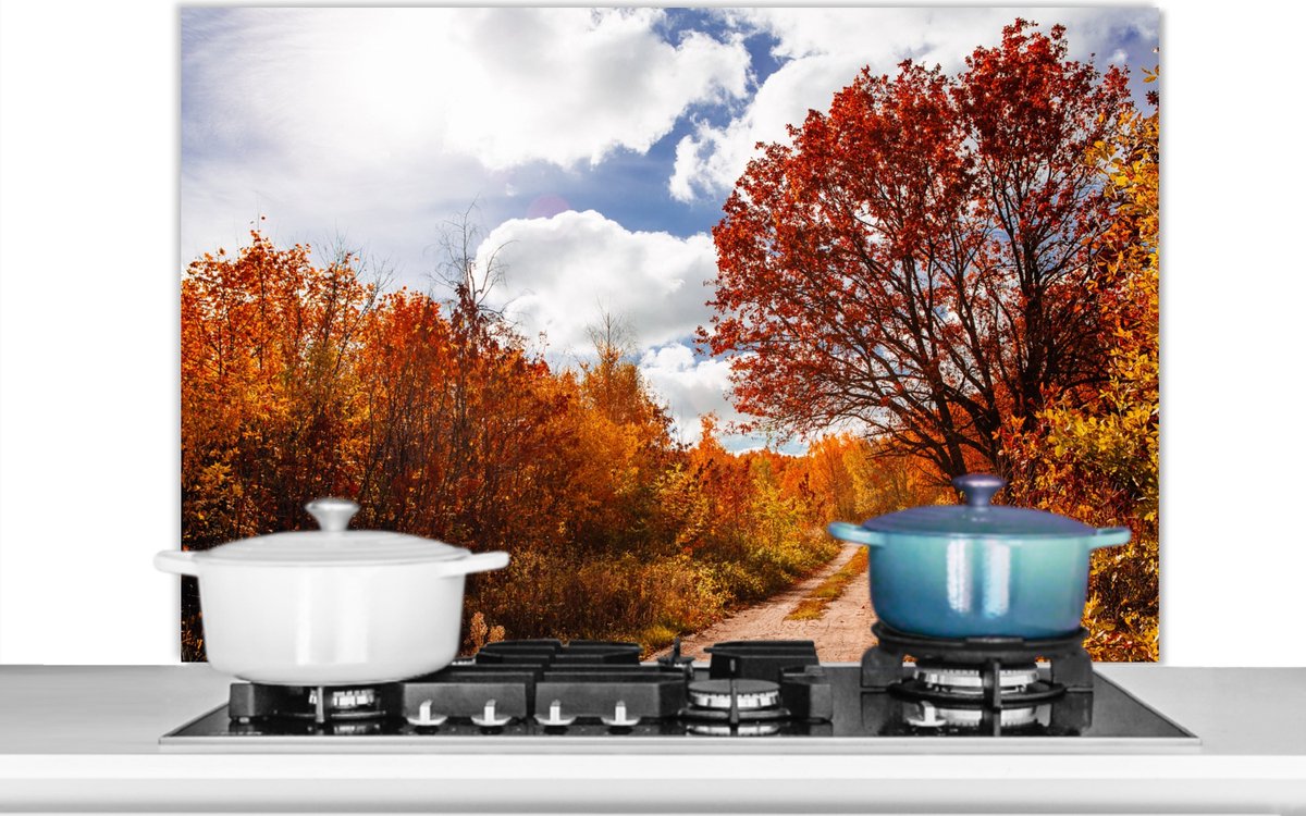 KitchenYeah - Spatscherm - Boom - Herfst - Rood - Lucht - 100x65 cm - Muurbeschermer
